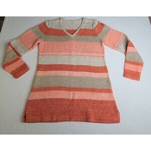LL Bean Large Striped Long Sleeve Cotton Pastel Peach Tunic Sweater V Neck SZ L